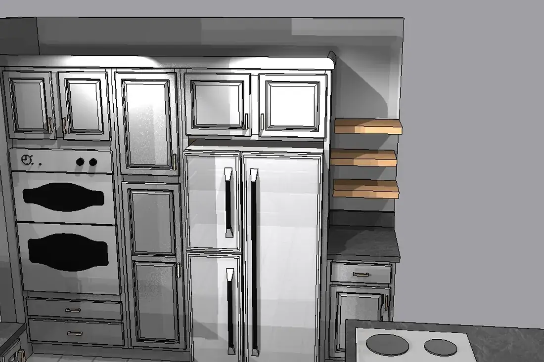 The 3D design render of the same kitchen, showing the stacked ovens, the fridge and the open shelving