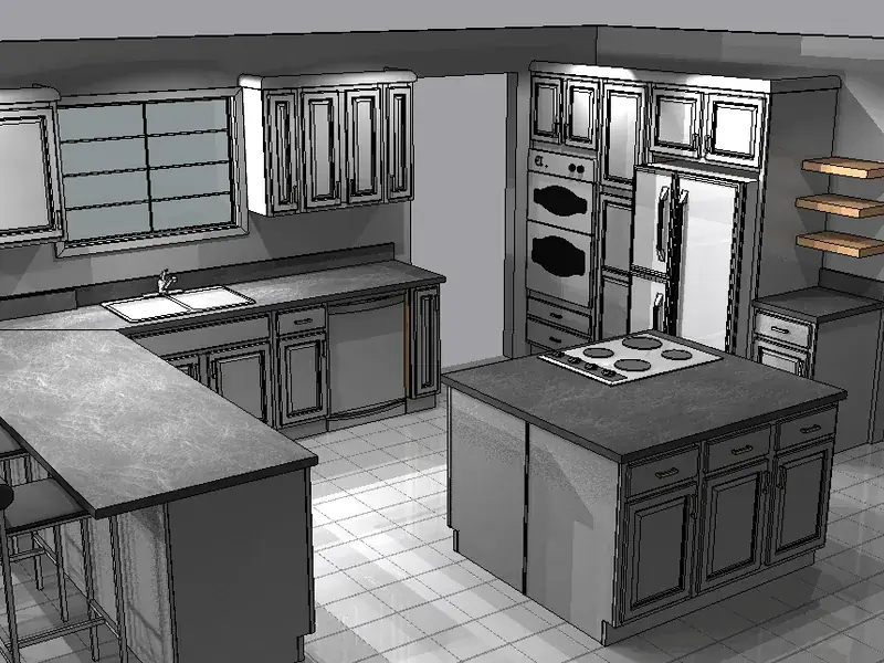 A 3D design render of a full kitchen, showing the breakfast bar, the run of units and the island