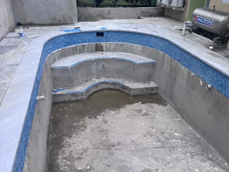 A pool shell with blue mosaic waterline tiling going on and the plant set behind it
