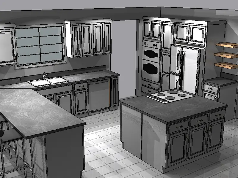A 3D design render of a full kitchen showing the breakfast bar, the run of units and the island