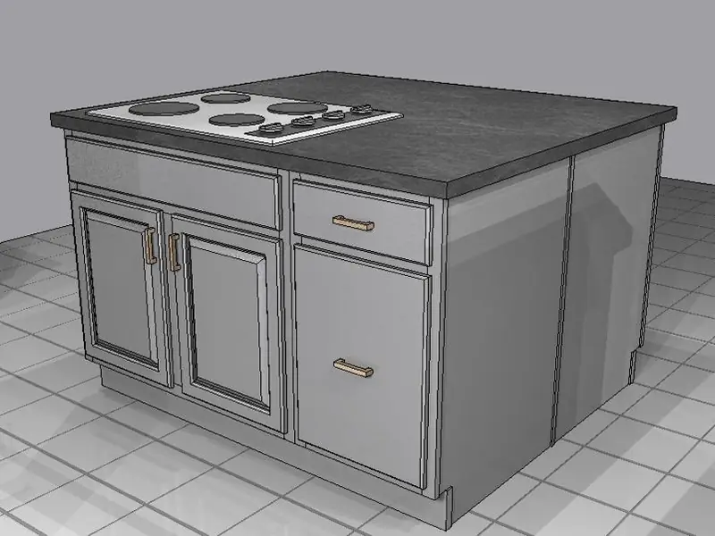 A 3D design render of a kitchen island with a hob set into the counter