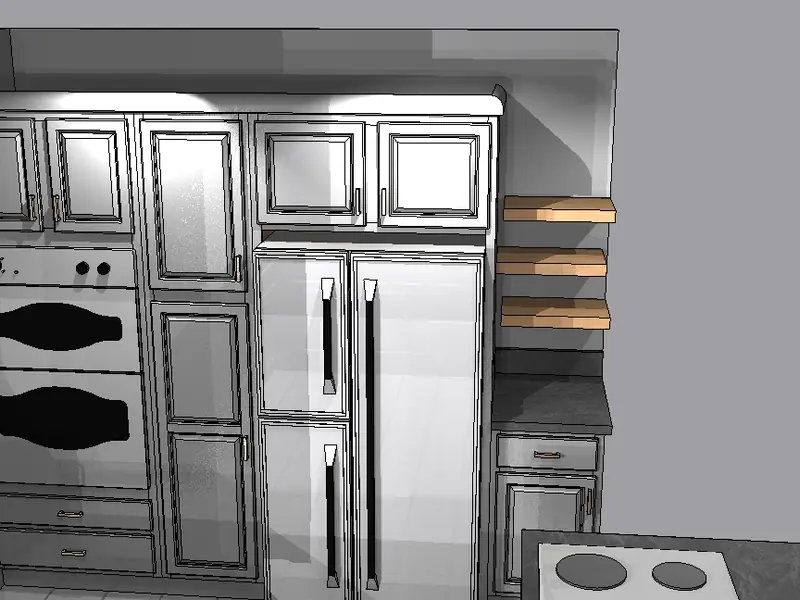 A 3D design render showing stacked wall ovens, the fridge and open shelving